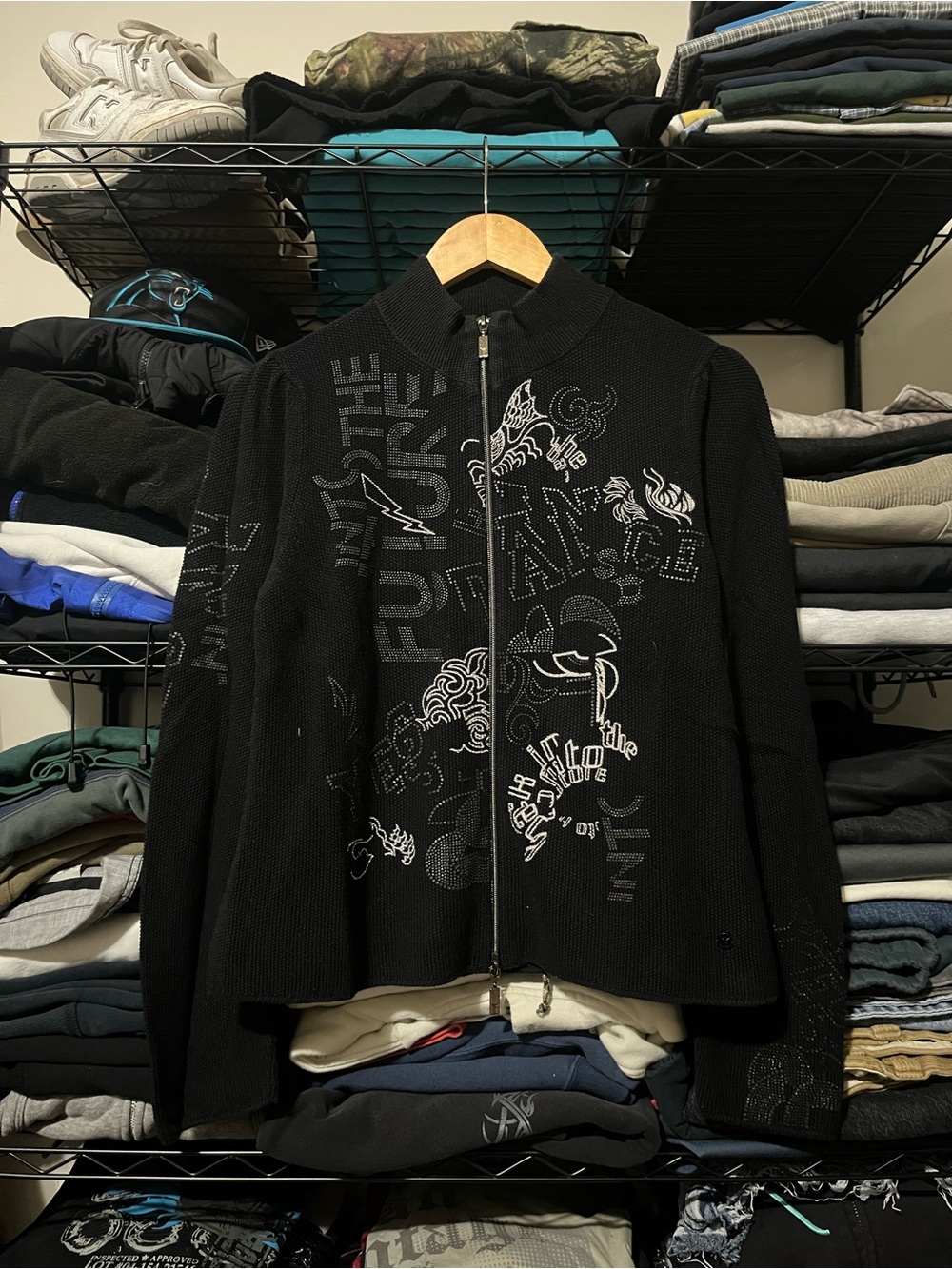 Women's Black Zip-Up Graphic Knit Jacket